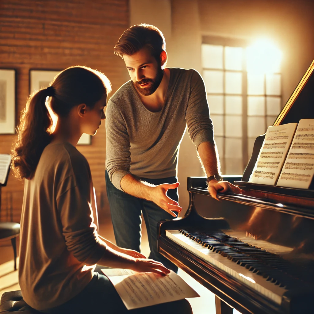 Piano teacher instructing student at piano